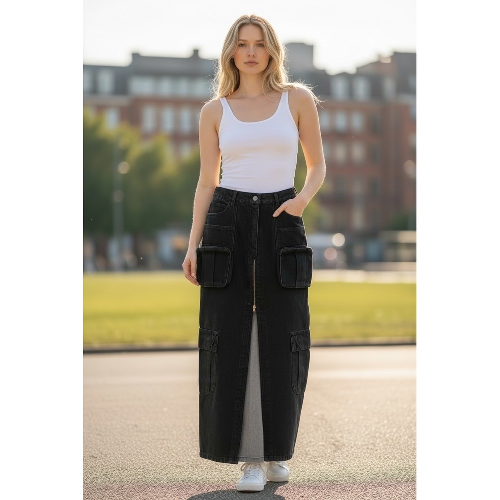 Black Denim Cargo Maxi Skirt High Waisted Front Zip Utility Streetwear Western M